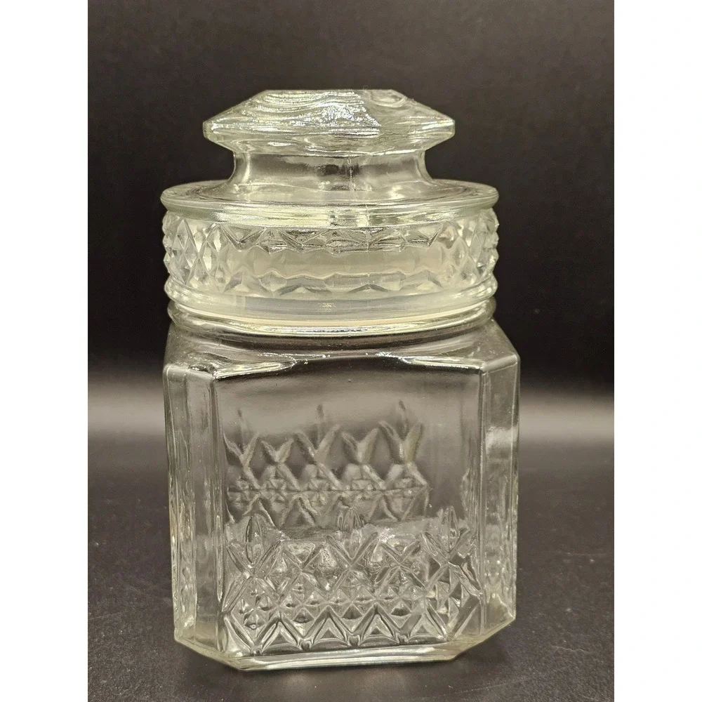 Koeze's Glass Apothecary Jar Vintage Clear Diamond Cut Square Canister with Lid